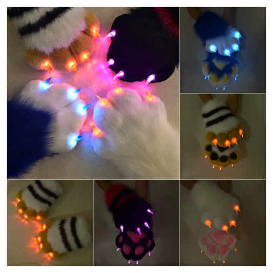 LED Light Up Fursuit Hand Paws Gloves – Wolf Fox Cat, Furry Costume Accessory