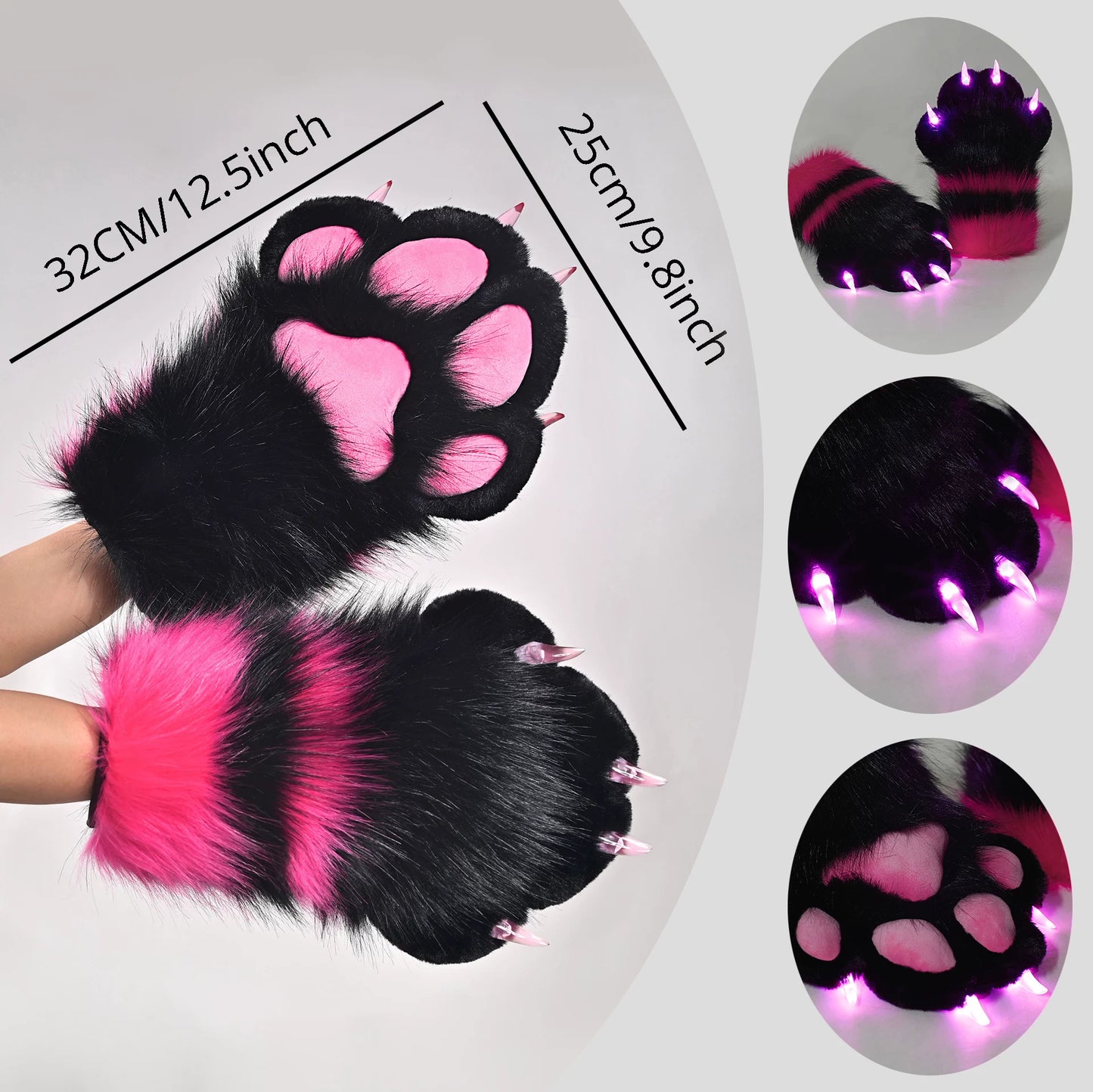 LED Light Up Fursuit Hand Paws - Wolf/Fox/Cat